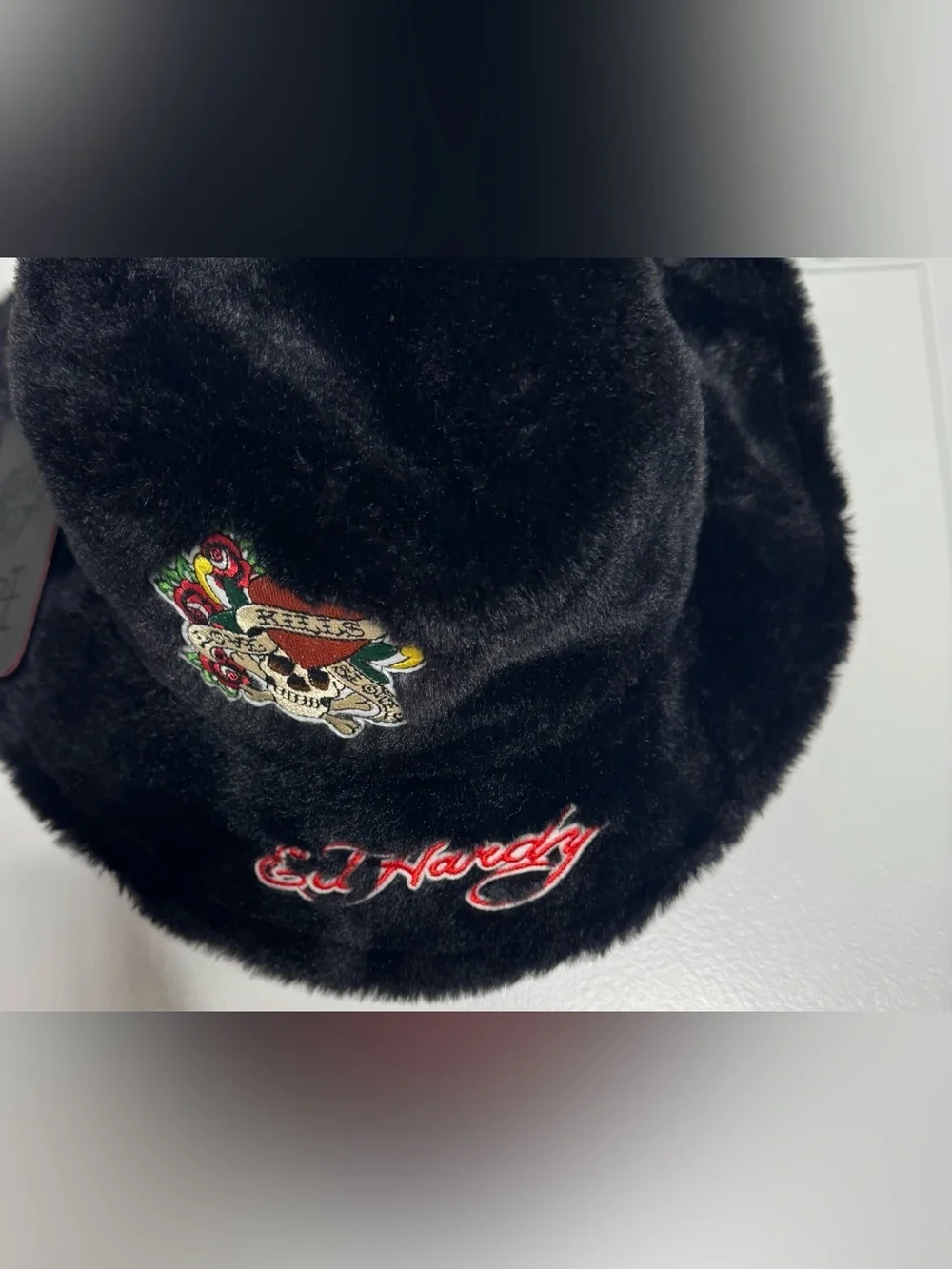 Ed Hardy Black Faux Fur Bucket Hat with Colorful Tattoo Patch velvet one size